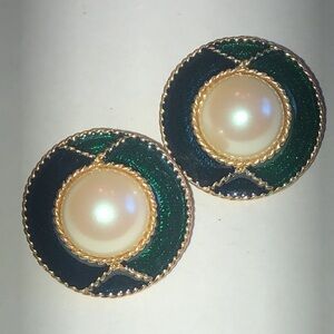 Angel Brand Elegant Green Blue Enamel Gold Tone Faux Pearl Earrings